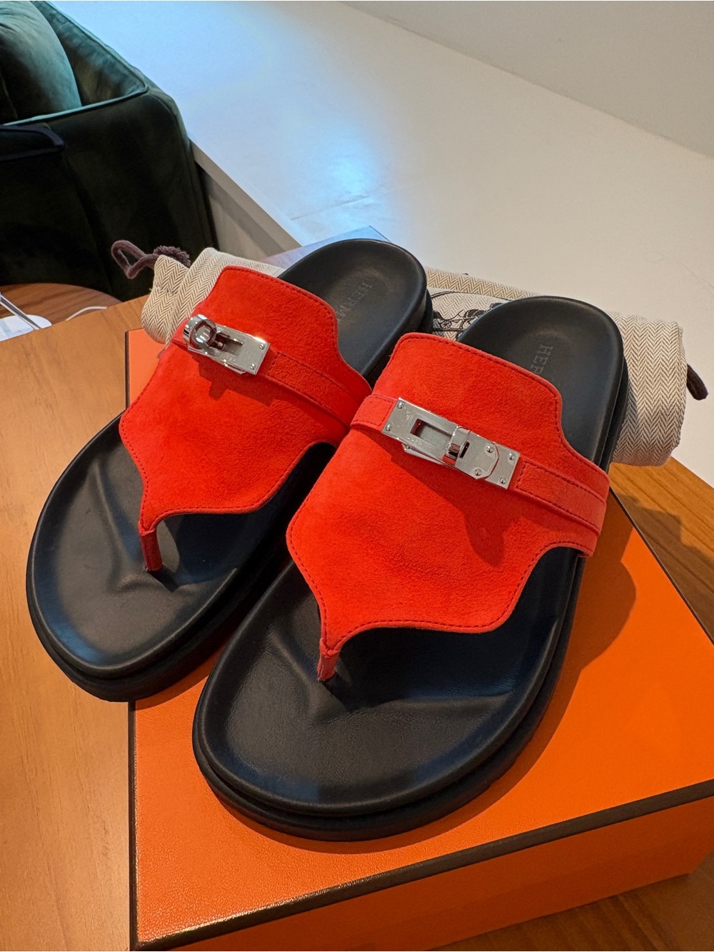 Hermès Empire Kelly Thong Orange Red Suede Sandals 35.5 /US 5 or 5.5
